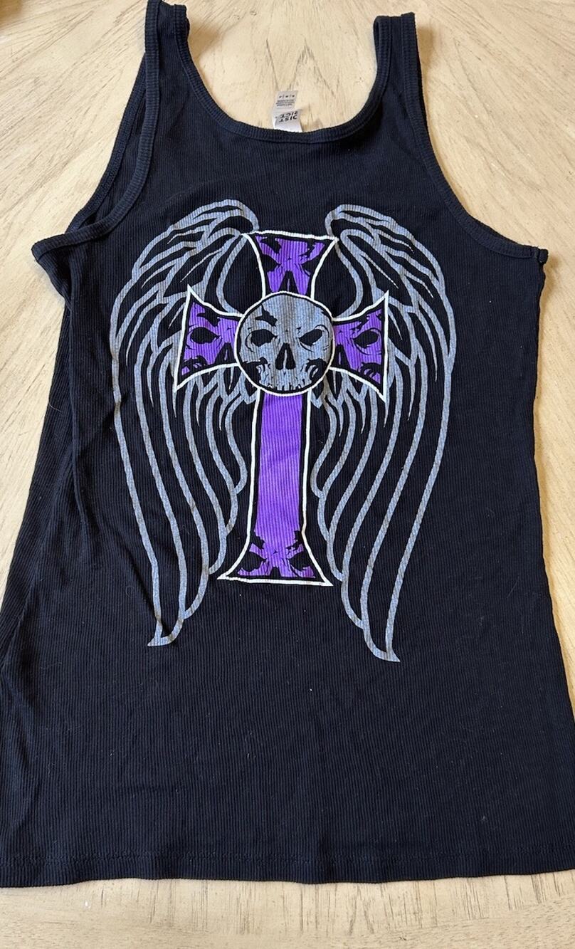 Demons Behind Me Graphic Tank Top M Ribbed Skull Logo Purple 2-Sided Dist Rict